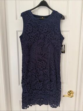 Moon Navy Blue Lace Sleeveless Sheath Dress, Size XL (runs small)